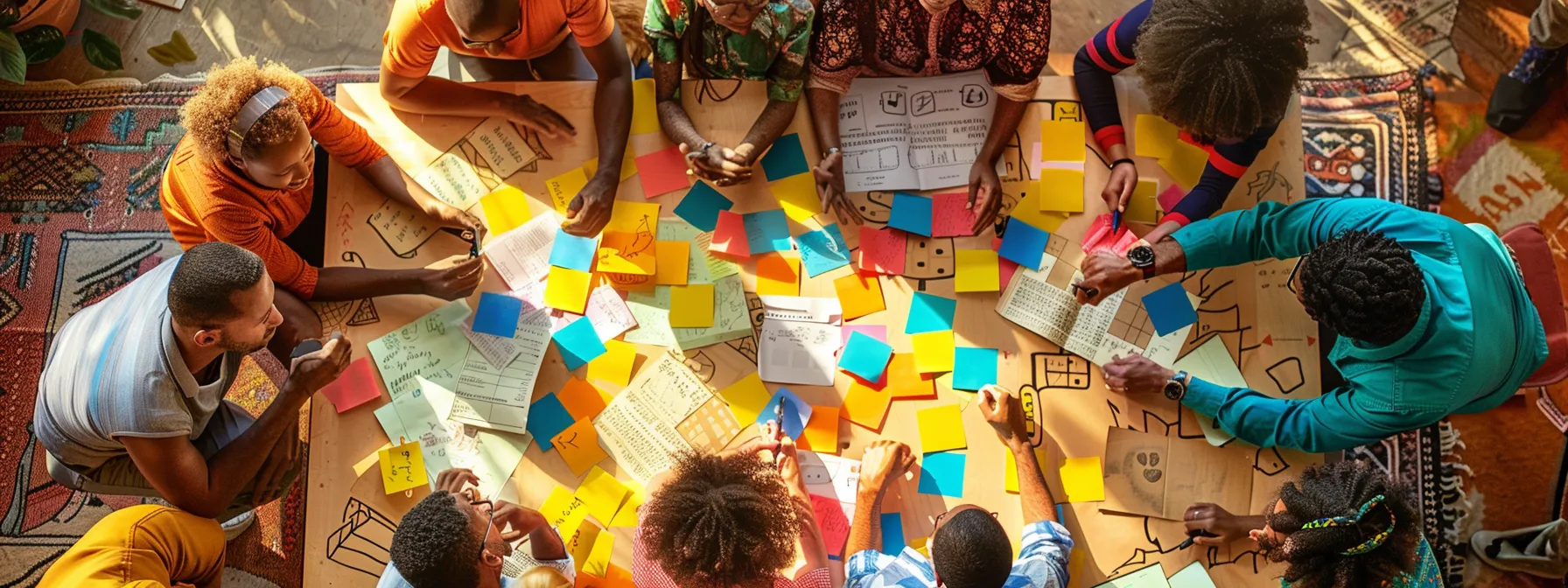 a brainstorming session with a diverse group of individuals surrounded by colorful sticky notes, charts, and sketches, showcasing the creative problem-solving process.