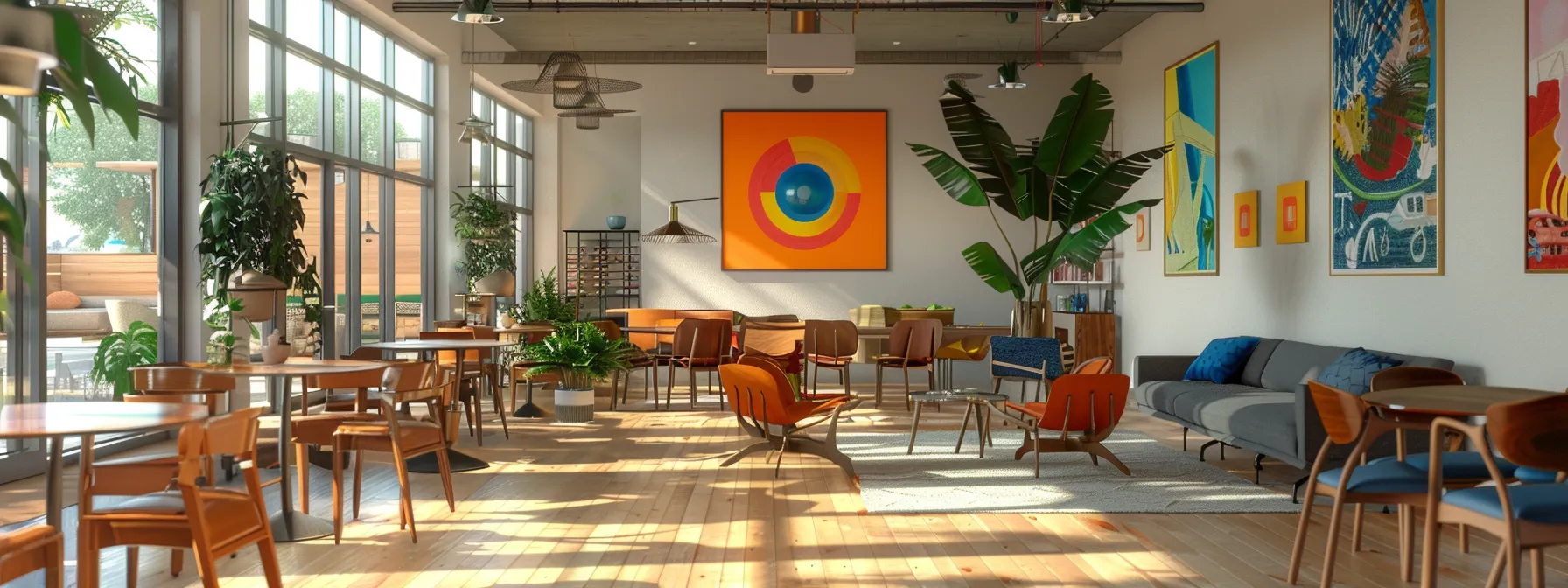 a bright coworking space filled with colorful artwork, collaboration zones, and open communication areas.