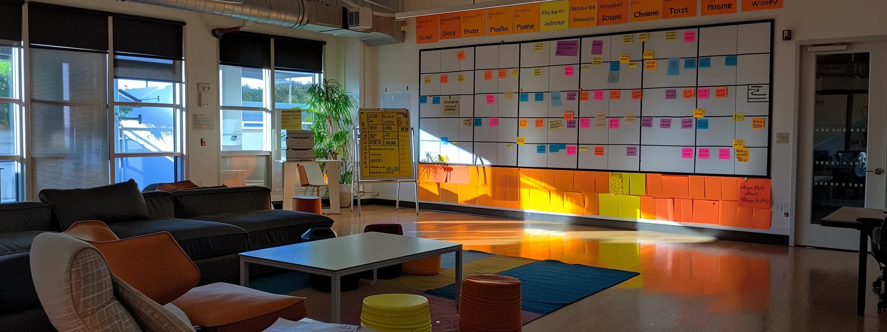 a brightly lit room with a whiteboard displaying a detailed list of short-term and long-term goals, with colorful sticky notes outlining manageable steps towards achieving them.