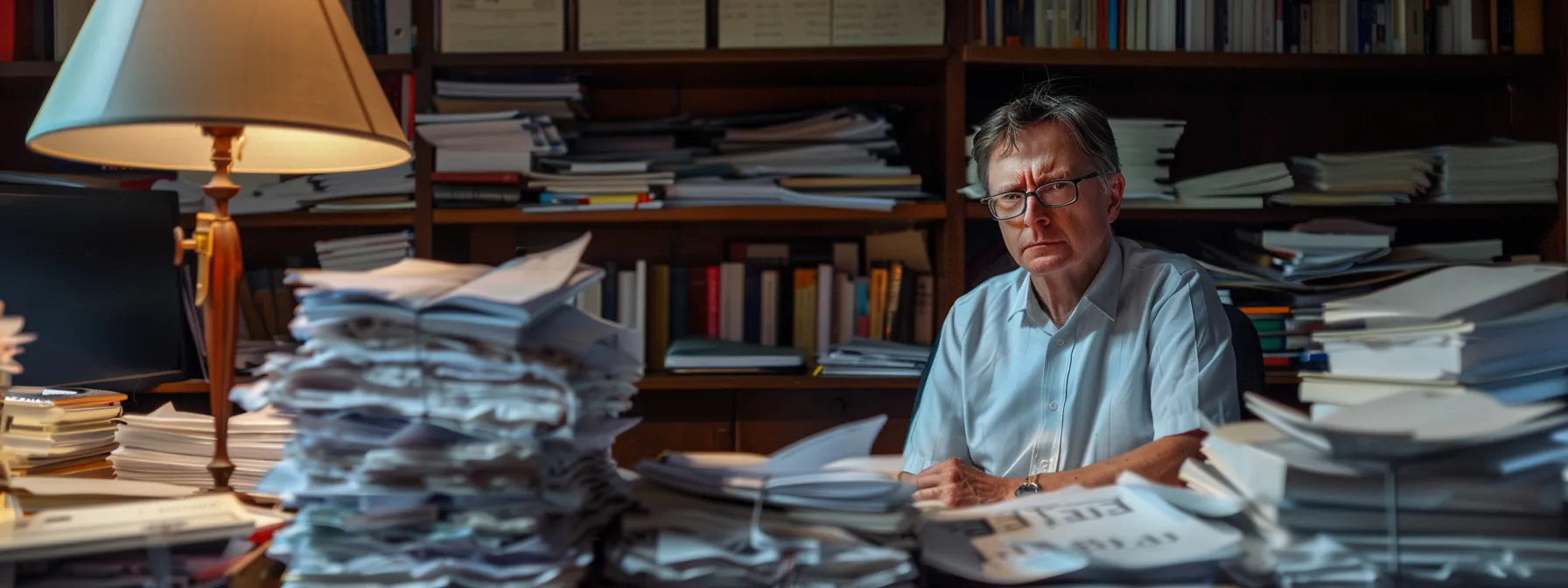 a ceo sitting at a cluttered desk, staring at a stack of untouched papers with a look of hesitation and uncertainty.