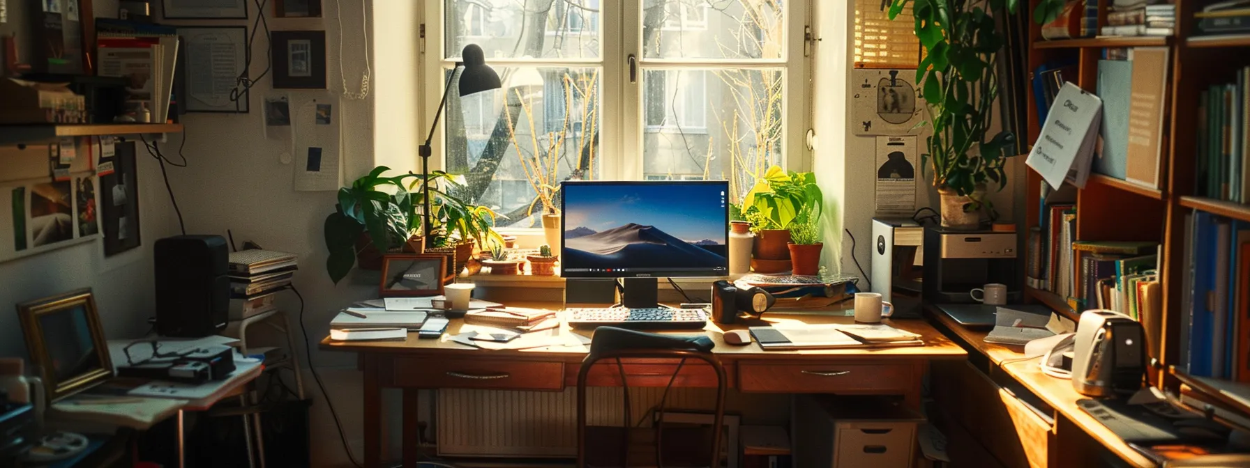 a clutter-free desk with a single focused individual working diligently amidst a serene environment.