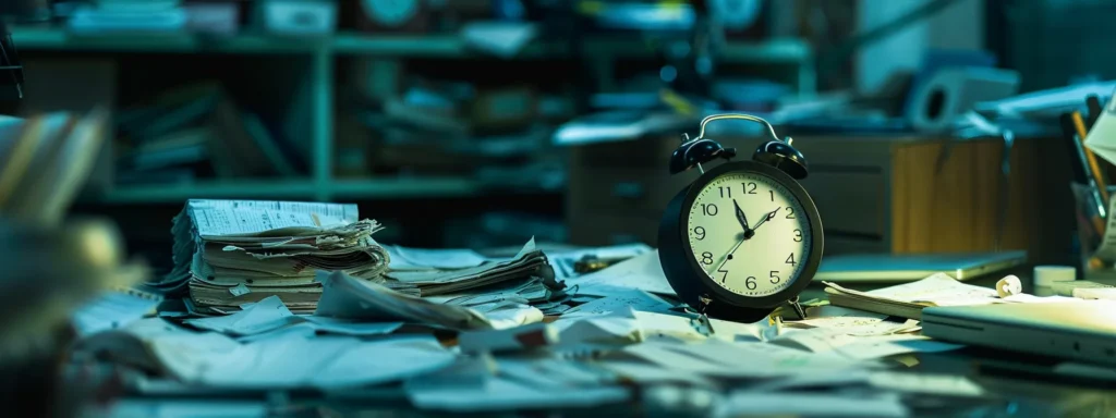 a cluttered desk covered in unfinished tasks, with a clock ticking in the background.