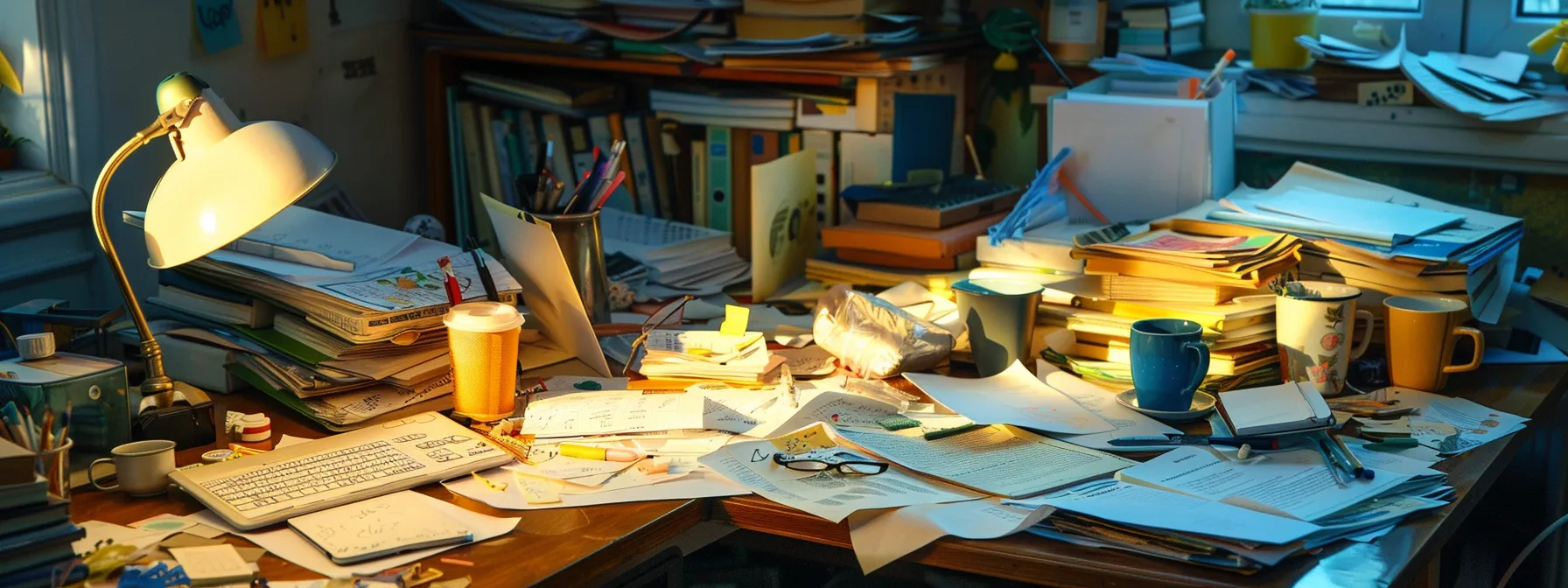 a cluttered desk with unfinished projects, empty coffee cups, and scattered papers, showcasing visible signs of procrastination in a work environment.