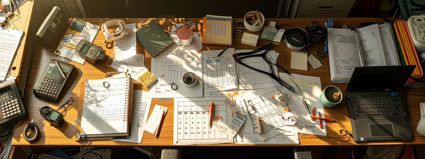 a cluttered office desk with piles of unfinished work, missed deadlines marked on a calendar, and a team looking stressed and overwhelmed, highlighting the negative impact of procrastination on success.