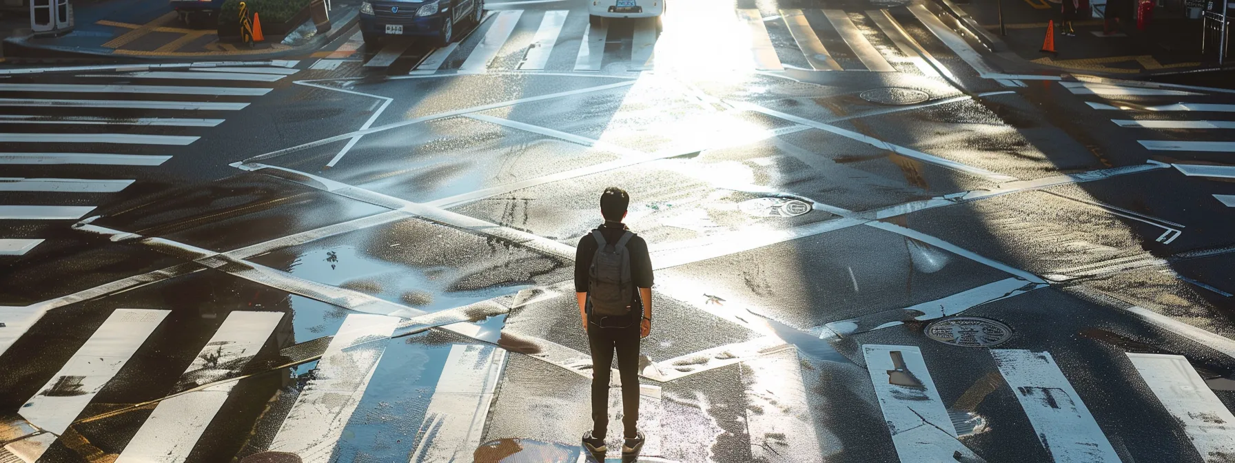 a determined individual standing at a crossroads, looking ahead with a clear vision amidst various obstacles blocking the path.