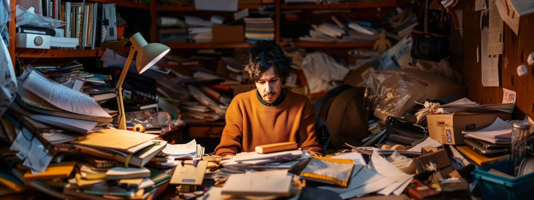 a disheveled person surrounded by piles of unfinished tasks, looking overwhelmed and anxious.