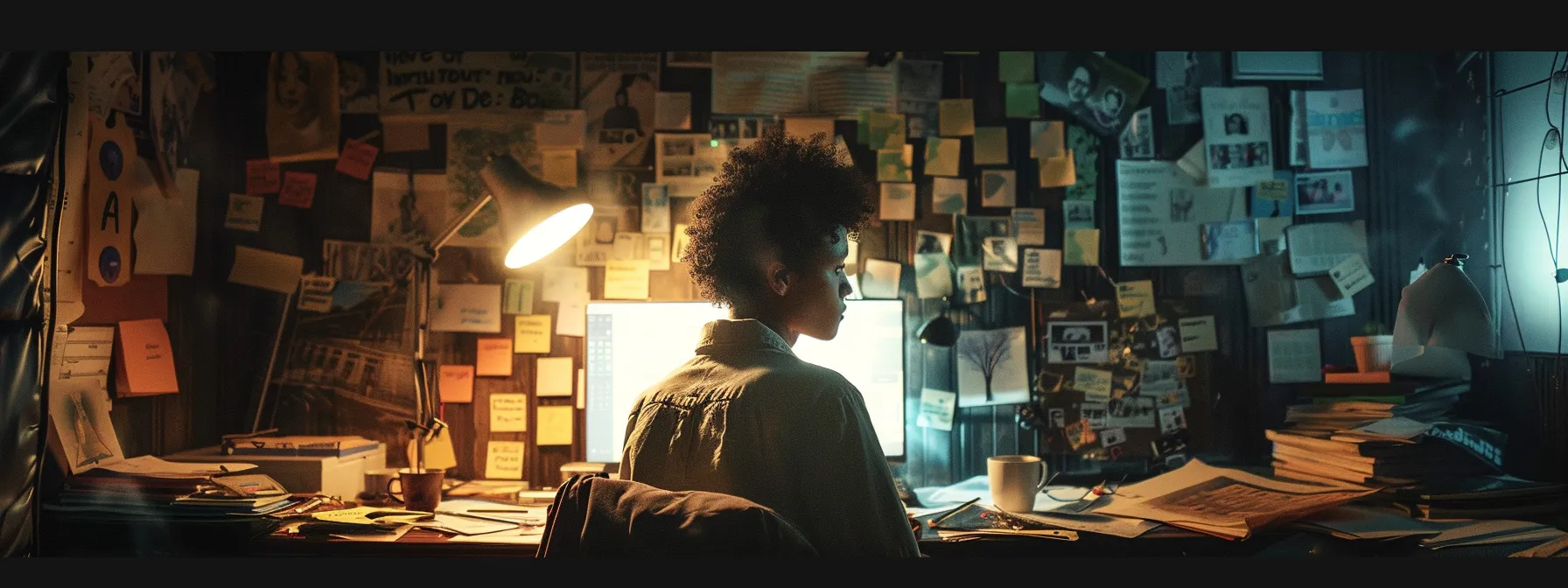 a focused individual diligently working at a desk surrounded by motivational quotes and a vision board to enhance motivation and self-discipline.