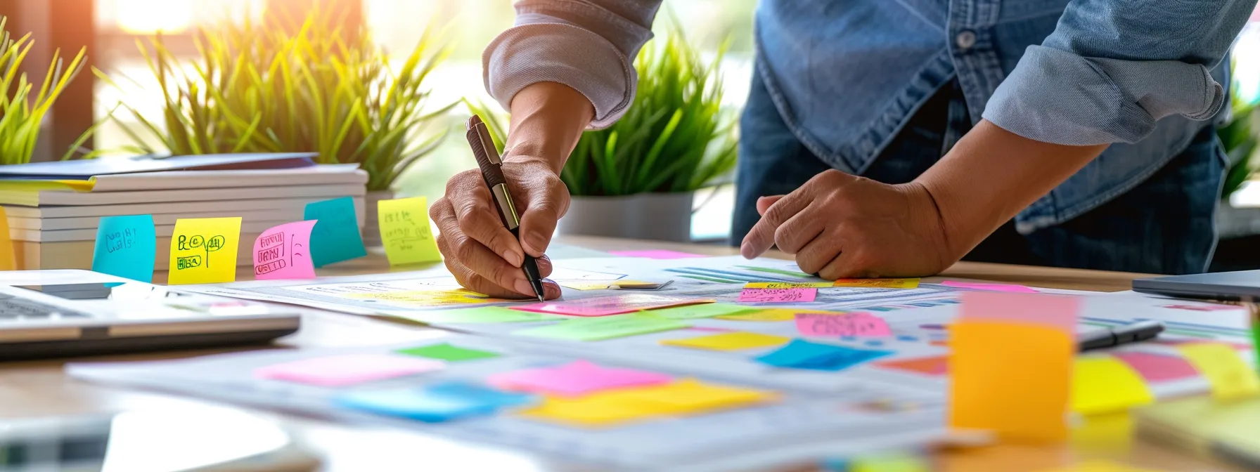 a focused individual mapping out a detailed action plan on a sleek, organized desk.