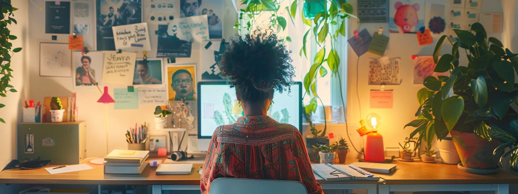 a focused individual sitting at a clutter-free desk, surrounded by motivational quotes and a vision board, exuding determination and mental resilience.