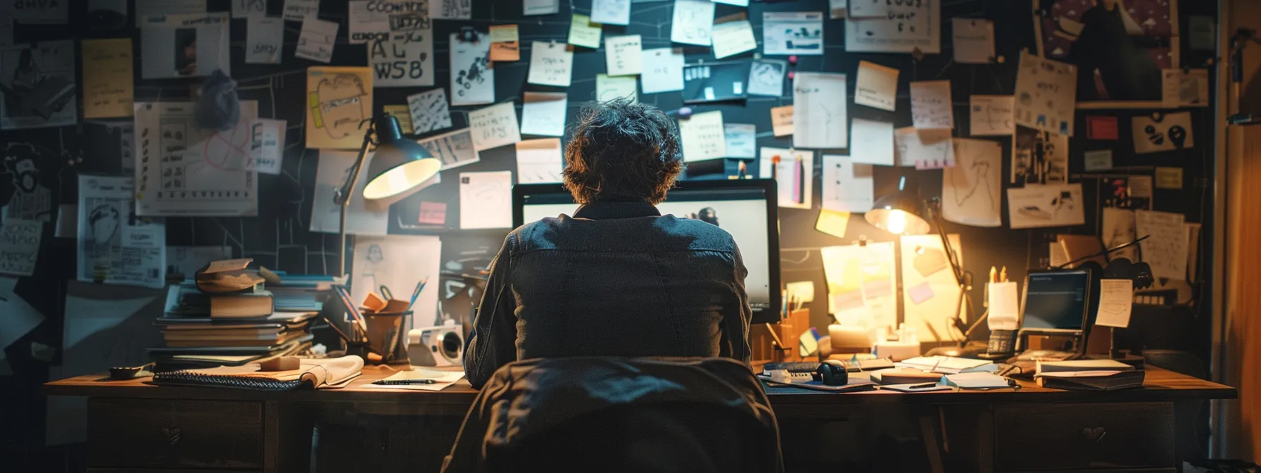 a focused individual sitting at a desk, surrounded by vision boards and sticky notes, mapping out goals with determination and purpose.