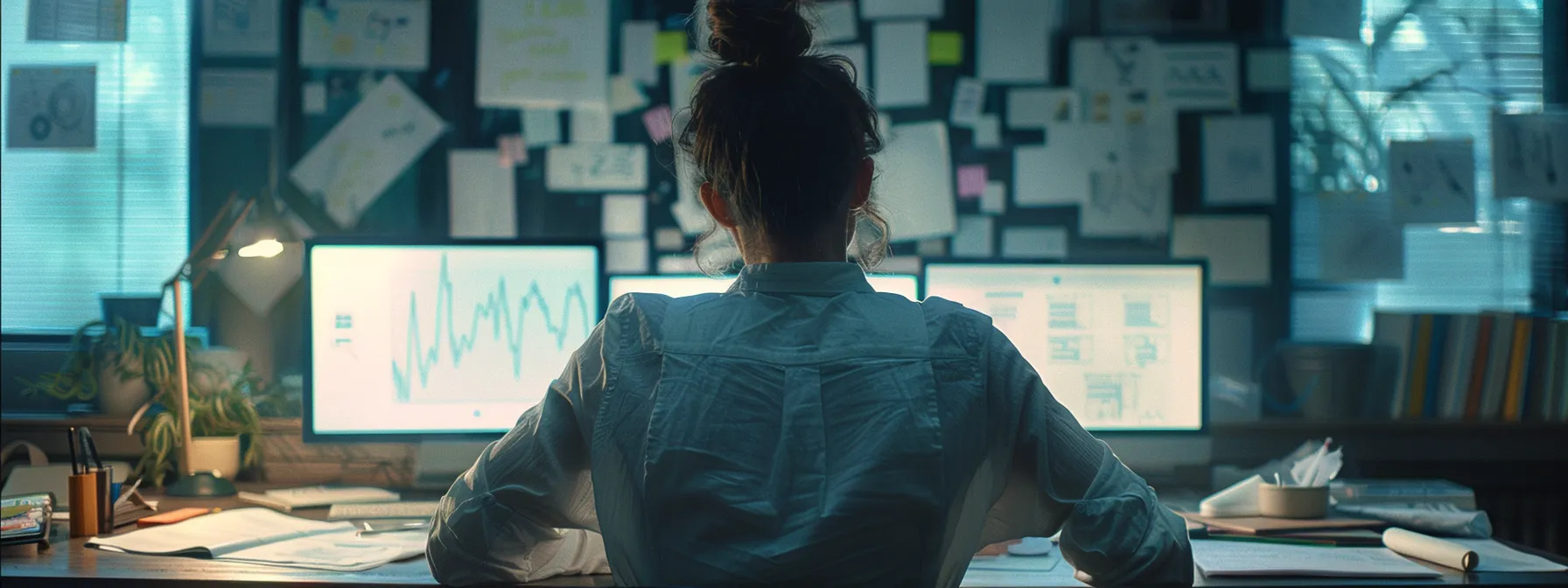 a focused individual sitting at a desk, mapping out goals with a clear and organized plan.