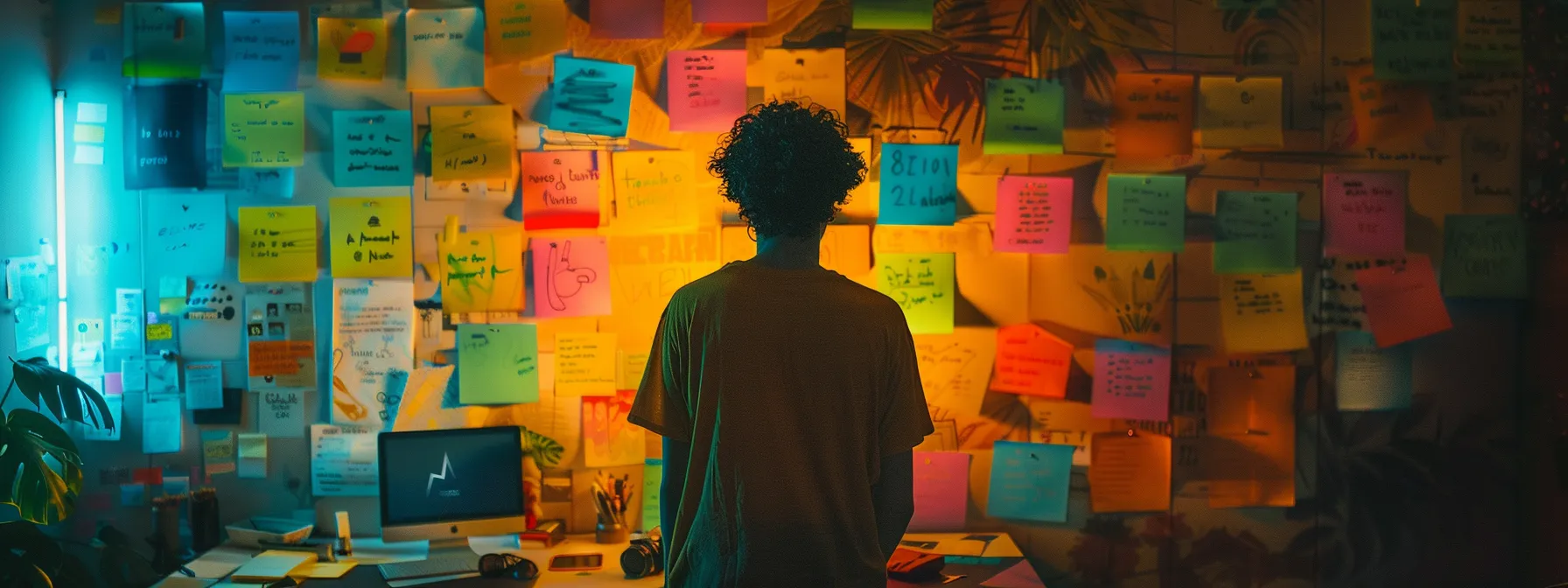 a focused individual stands before a vision board, surrounded by colorful sticky notes and motivational quotes, mapping out their prioritized goals with clarity and determination.