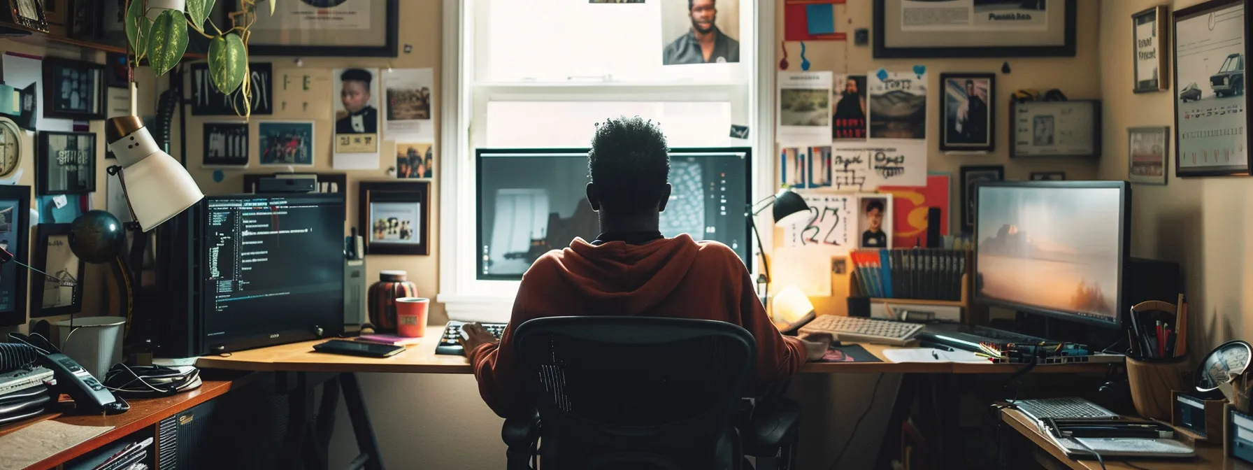 a focused individual, surrounded by motivational quotes and imagery, diligently working towards their goals in a well-lit home office.