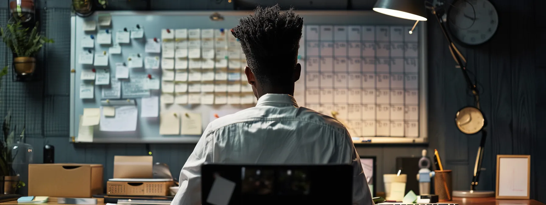 a focused leader at a clutter-free desk, with a calendar and task list prominently displayed, delegating tasks to team members and checking progress on a whiteboard.