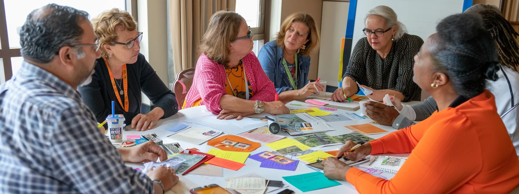 a group of diverse individuals brainstorming ideas around a table filled with colorful tools and resources, fostering creativity and collaboration.