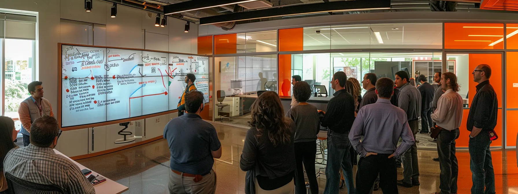 a group of employees gathered around a whiteboard, brainstorming ideas and collaborating on implementing organizational changes for timely action.