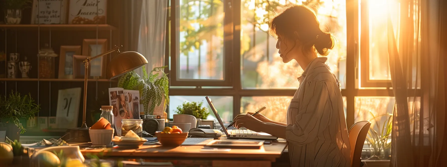 in a serene, sunlit room, a person confidently engages in creative work, surrounded by healthy snacks and motivational quotes, embodying the power of productive habits in achieving success.