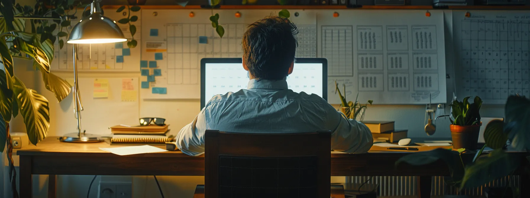 a leader sitting at a desk, surrounded by a calendar, list of tasks, and a team meeting in progress, all pointing towards a clear sense of direction and focus in overcoming procrastination.