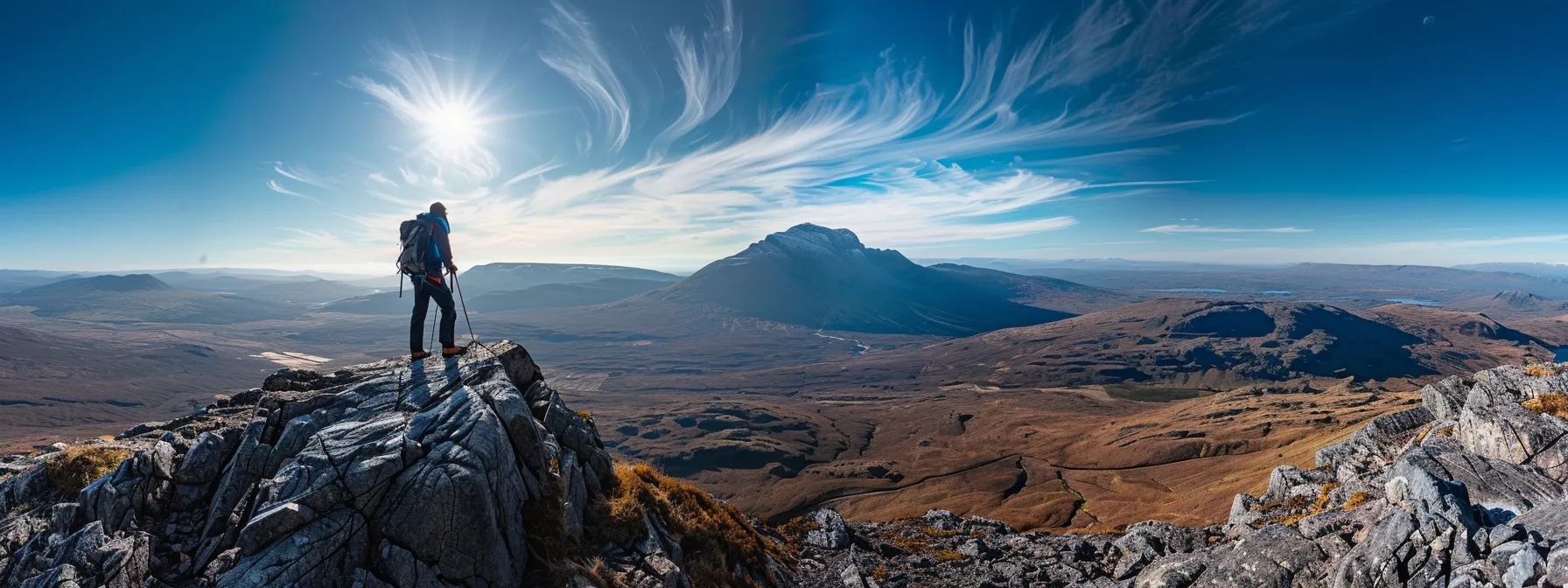 a lone hiker standing at the summit of a majestic mountain, gazing out at the expansive horizon, embodying determination and inspiration.