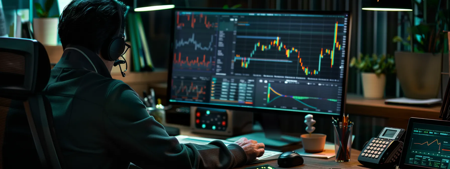 a person analyzing a detailed graph on a computer screen, surrounded by various tools and charts, showcasing a focused and organized approach to monitoring progress and measuring outcomes.