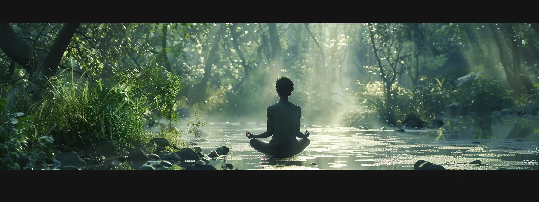 a person breaking a negative habit cycle by using breathing exercises in a peaceful setting.