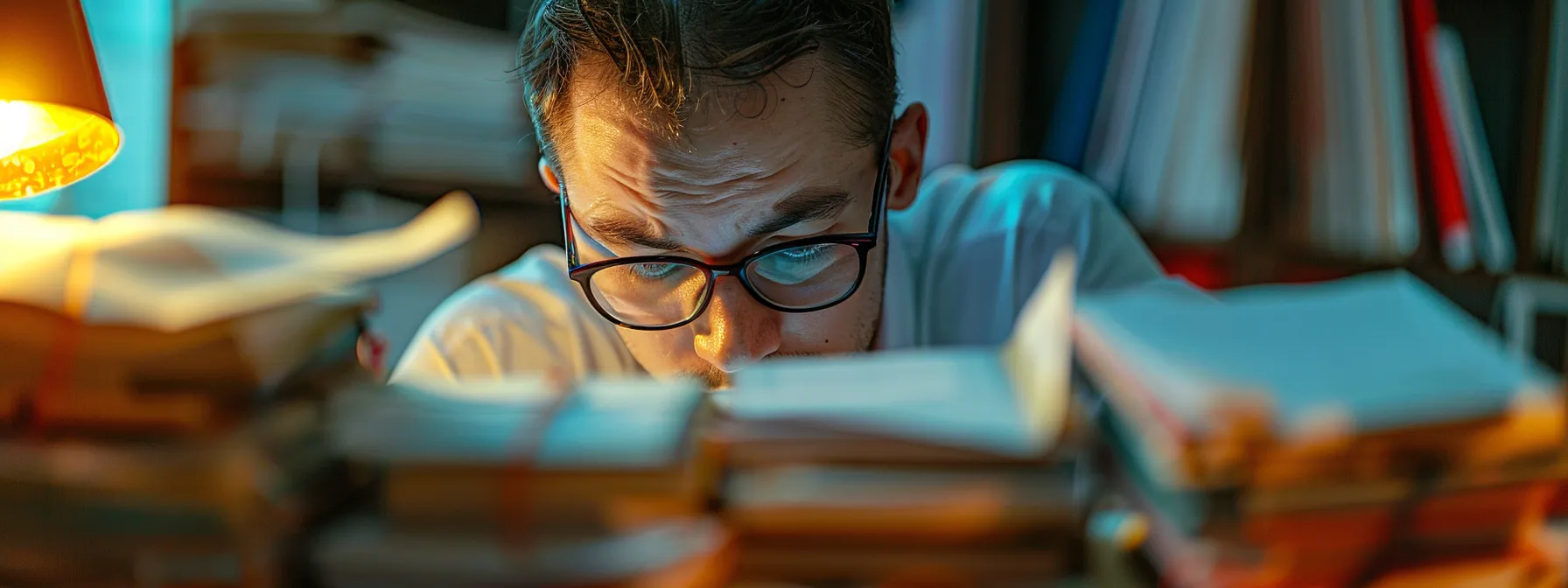 a person deeply focused on analyzing a complex case study, with a look of intense concentration and determination on their face, surrounded by stacks of relevant materials and notes.