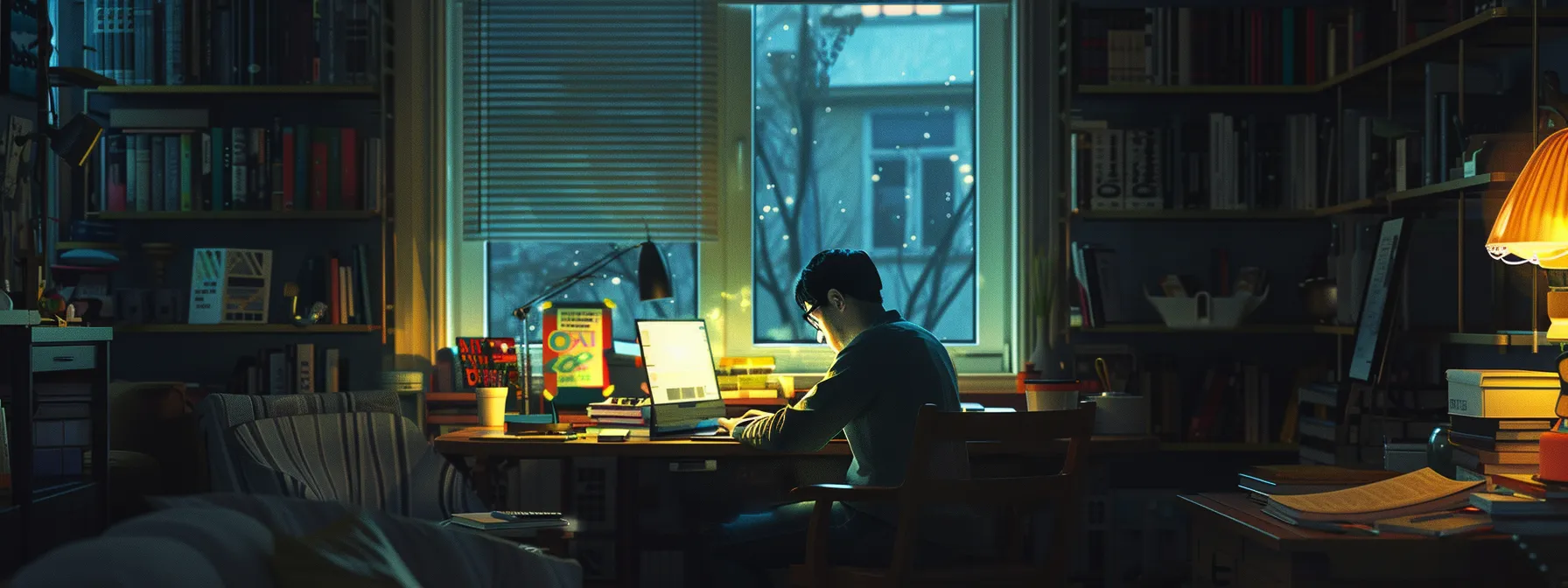 a person diligently working at their desk, surrounded by organized shelves and a motivational poster, illustrating self-discipline and motivation in action.