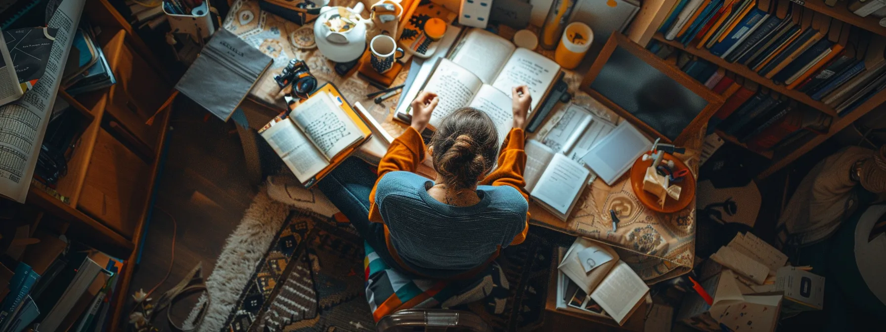 a person engrossed in a book, surrounded by a vibrant array of learning materials and resources, showcasing a dedication to continuous learning habits.