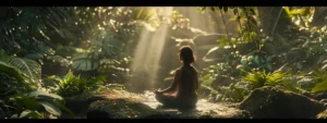 a person meditating peacefully in a serene setting surrounded by lush greenery and gentle sunlight, embodying mental strategies for effective habit change.