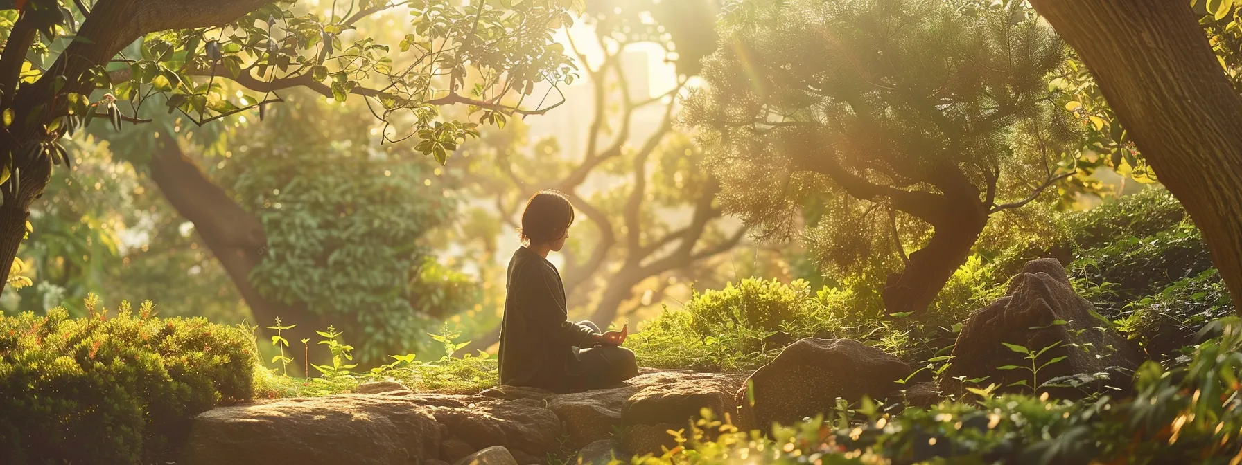 a person meditating peacefully in a serene natural setting, surrounded by trees and sunlight, embodying mindfulness and stress-reduction techniques.