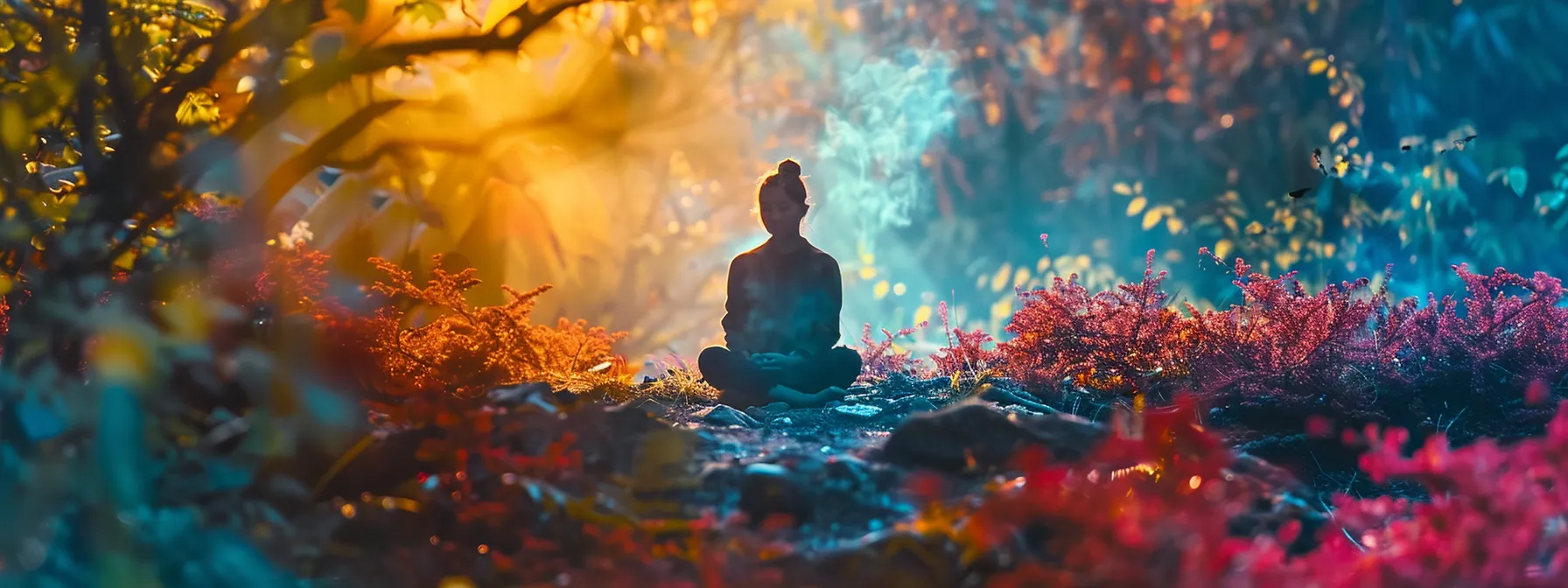 a person seated peacefully in a serene nature setting, surrounded by vibrant colors and focusing on the present moment.