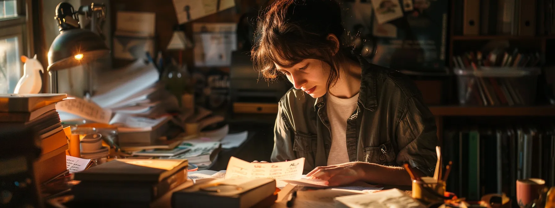 a person sitting at a cluttered desk, staring at a to-do list with a look of overwhelm and hesitation.