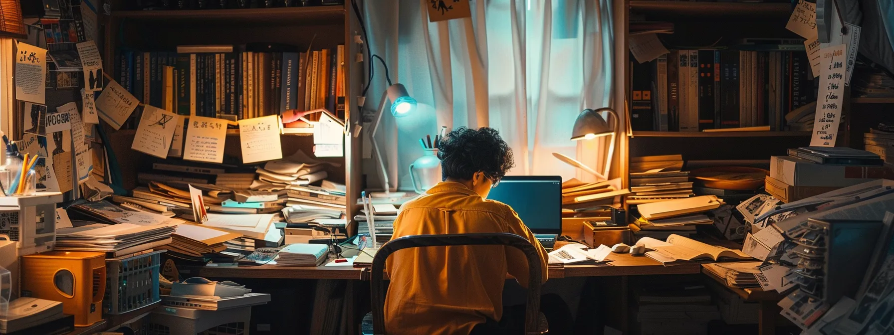 a person sitting at a cluttered desk surrounded by piles of unfinished work, looking overwhelmed and distracted.