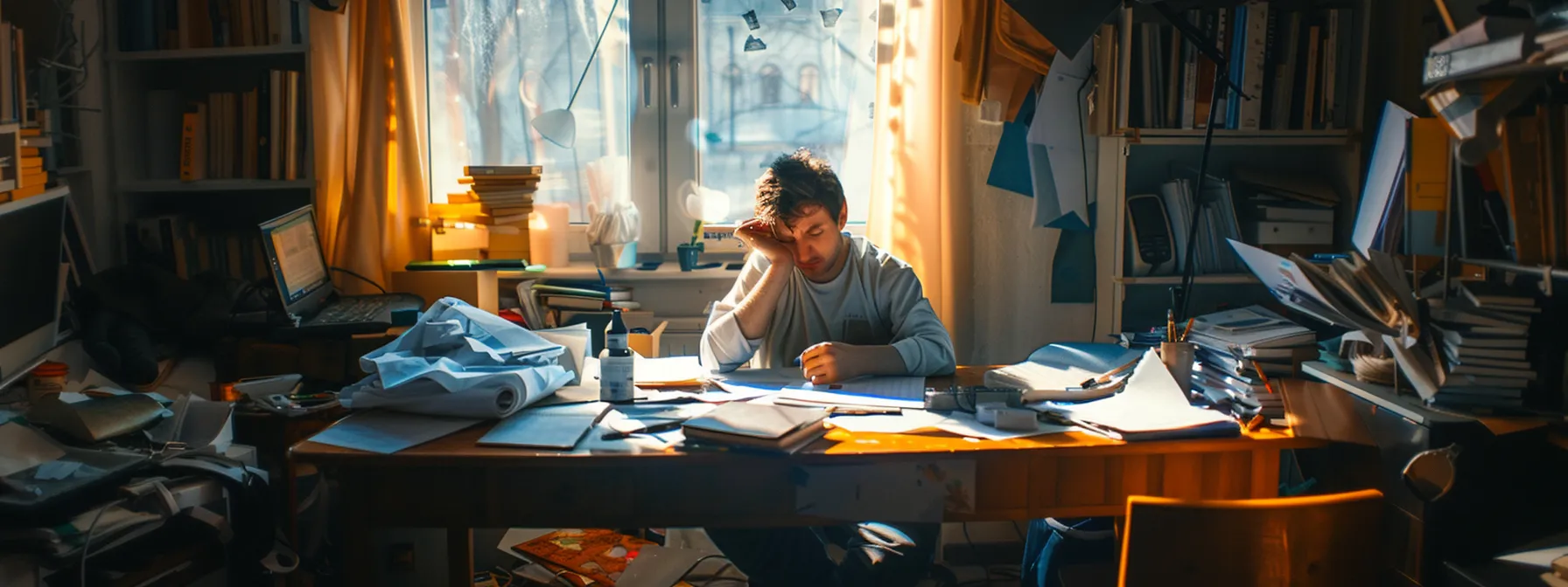 a person sitting at a cluttered desk, looking overwhelmed and anxious, surrounded by unfinished tasks and distractions as sunlight streams in through a window.