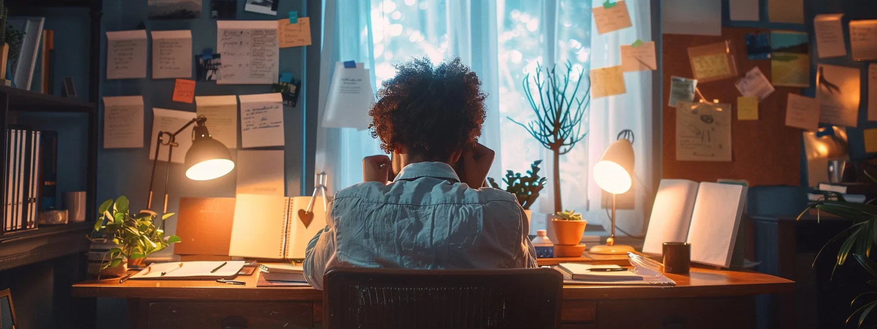 a person sitting at a desk, surrounded by notebooks and a vision board, deep in thought while reflecting on past decisions.