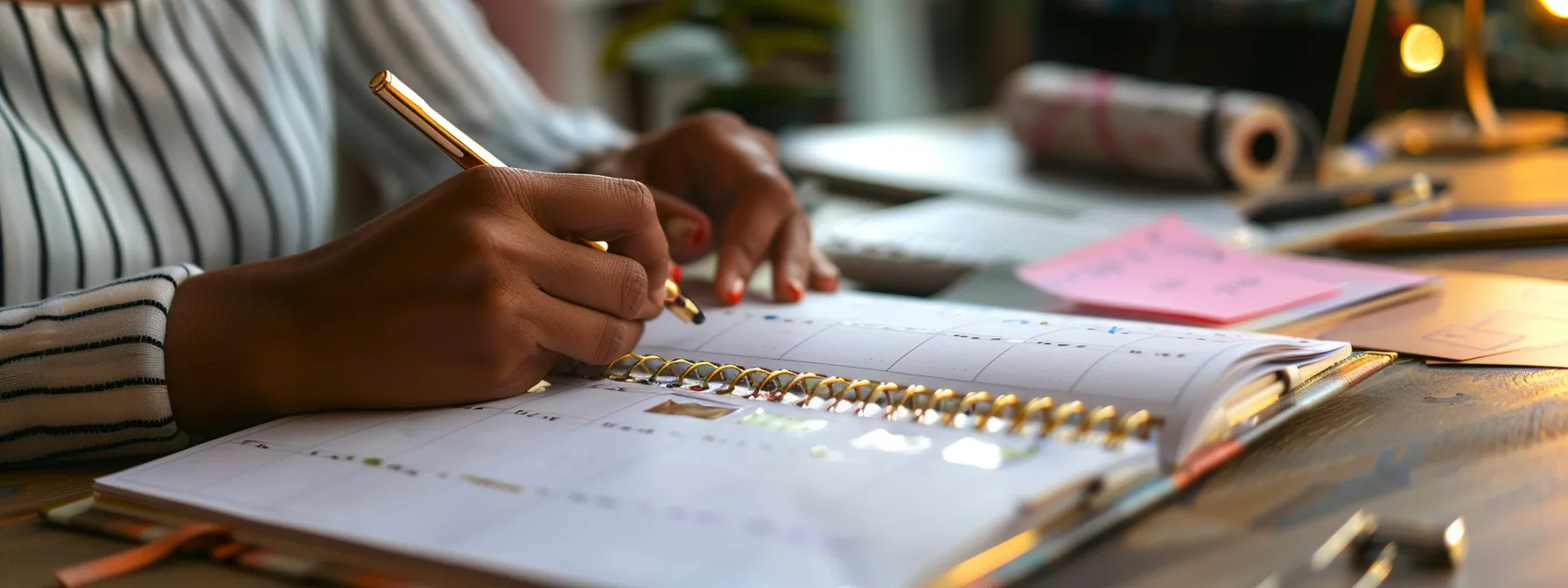 a person sitting at a desk with a clear, organized planner, tracking their progress and celebrating achievements.