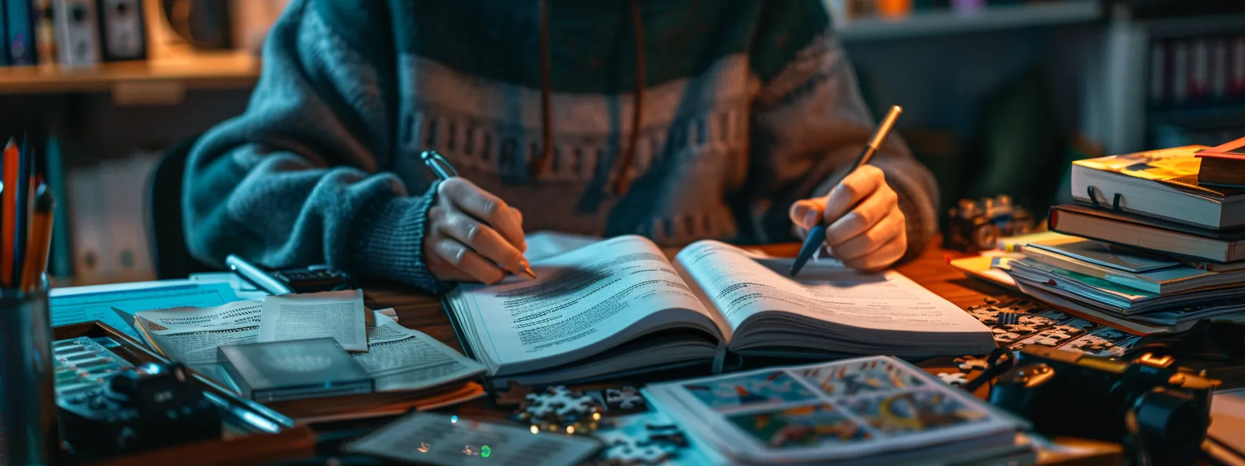 a person sitting at a desk with a journal, puzzle book, technical articles, and a strategic game, showcasing a variety of analytical exercises being incorporated into daily life.