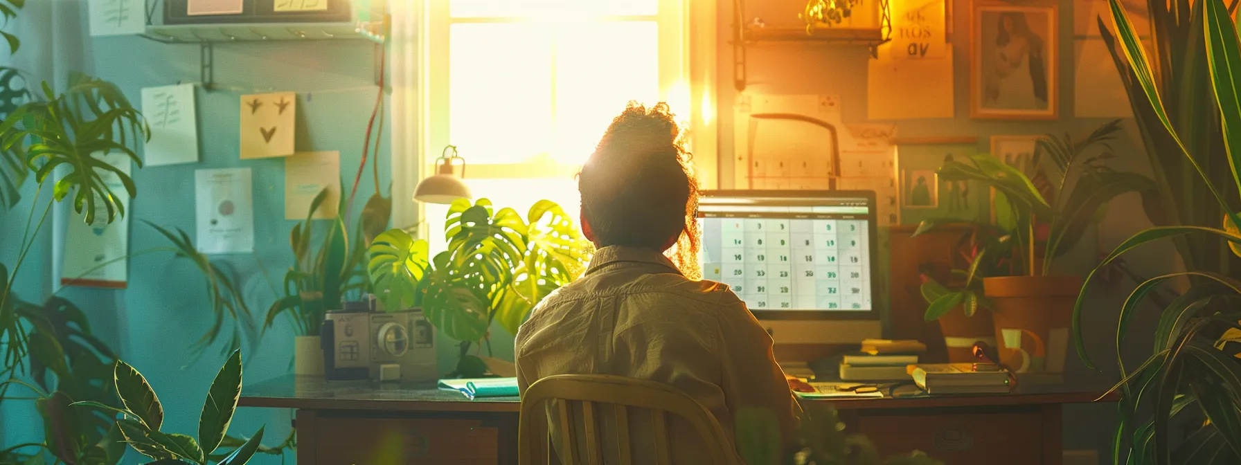 a person sitting at a desk with a calendar, to-do list, and motivational quotes pinned on the wall, surrounded by plants and natural light streaming through the window as they work diligently and focused.