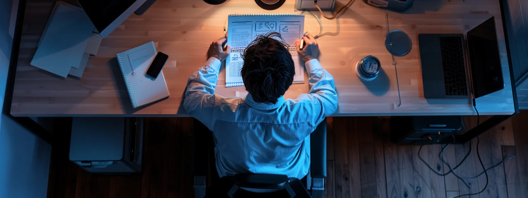 a person sitting at a organized desk with a clear to-do list, a timer, and a serene mindfulness journal.