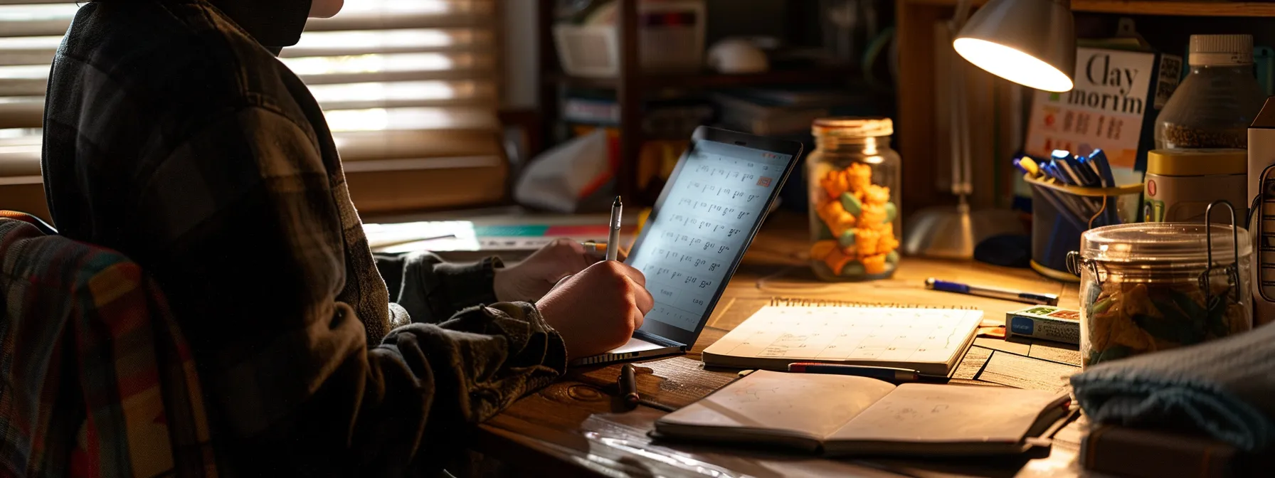 a person sitting at a tidy desk with a daily planner, a smartphone with productivity apps, and a jar of treats, reflecting a focused and disciplined approach to prevent future procrastination.