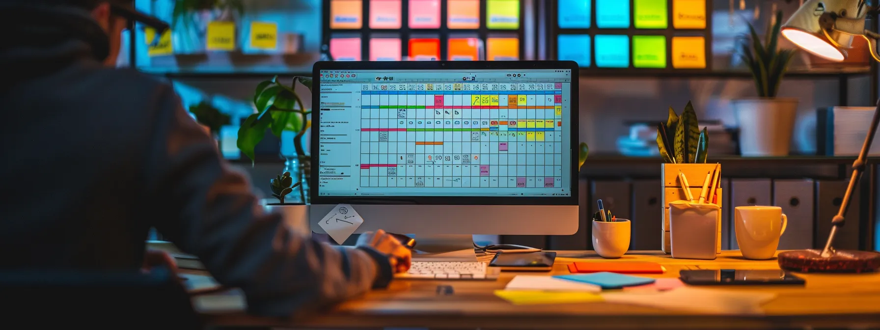 a person sitting at a tidy desk with a color-coded schedule, a timer for time-blocking, and a serene atmosphere free of distractions.