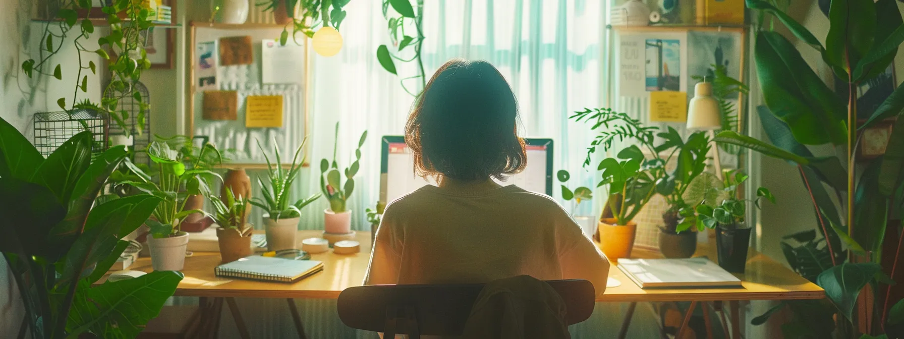 a person sitting at a tidy desk, surrounded by plants and a motivational vision board, deep in concentration as they review their goals with determination.