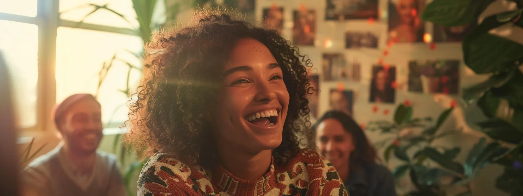 a person smiling with a vision board filled with motivational quotes and images, surrounded by supportive friends cheering them on.