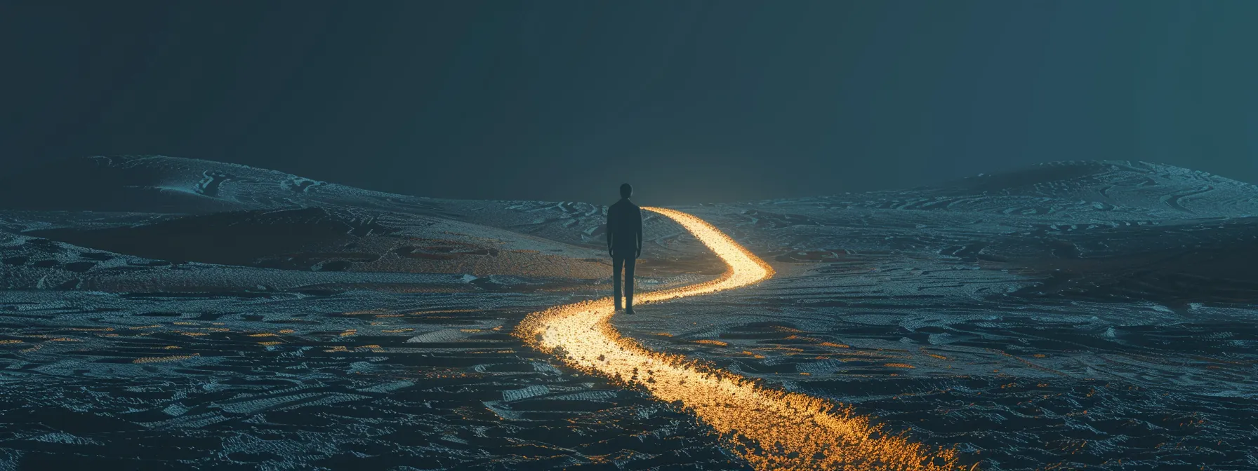 a person standing at a crossroads, with one path leading to a dead end symbolizing a fixed mindset, and the other path curving towards the horizon representing a growth mindset.