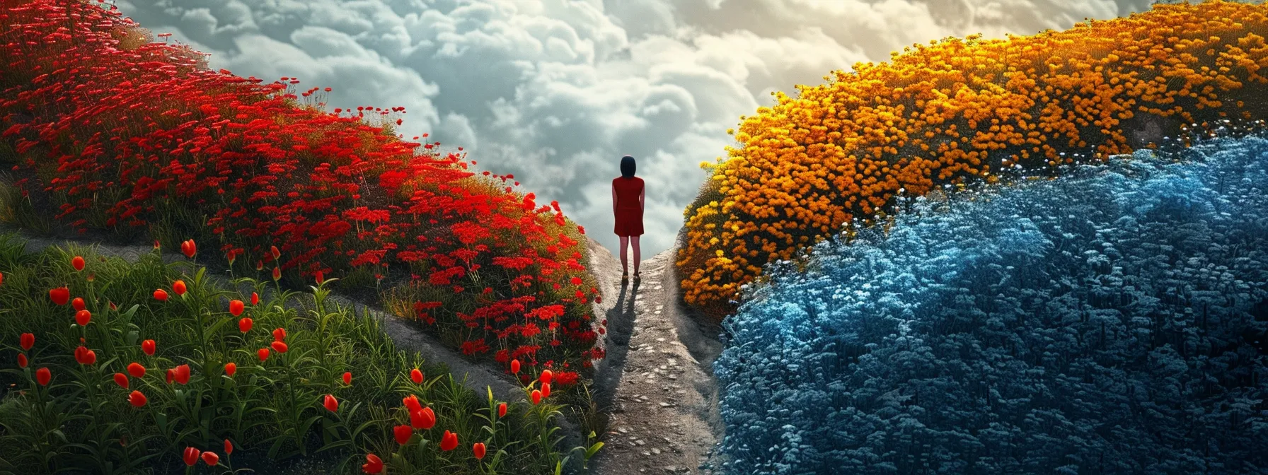 a person standing at a crossroads, one path filled with colorful flowers representing positive thought patterns and the other path with dark clouds symbolizing negative thought patterns, highlighting the influence of thought patterns on decision making.