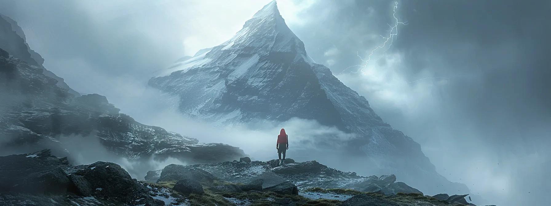 a person standing at the base of a mountain, looking up at the peak shrouded in mist, symbolizing the daunting nature of overcoming limiting beliefs on the path to success.