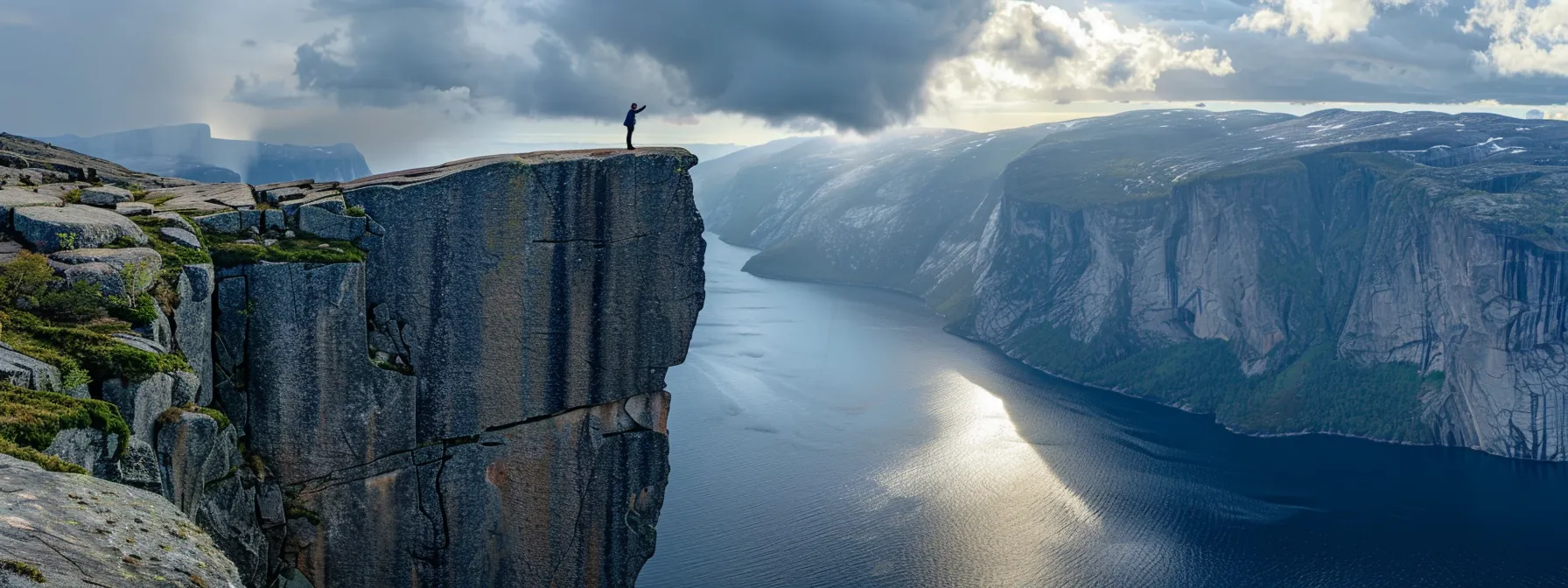 a person standing at the edge of a cliff, facing towards a vast horizon, symbolizing the pivotal shift from self-doubt to confidence in personal growth.