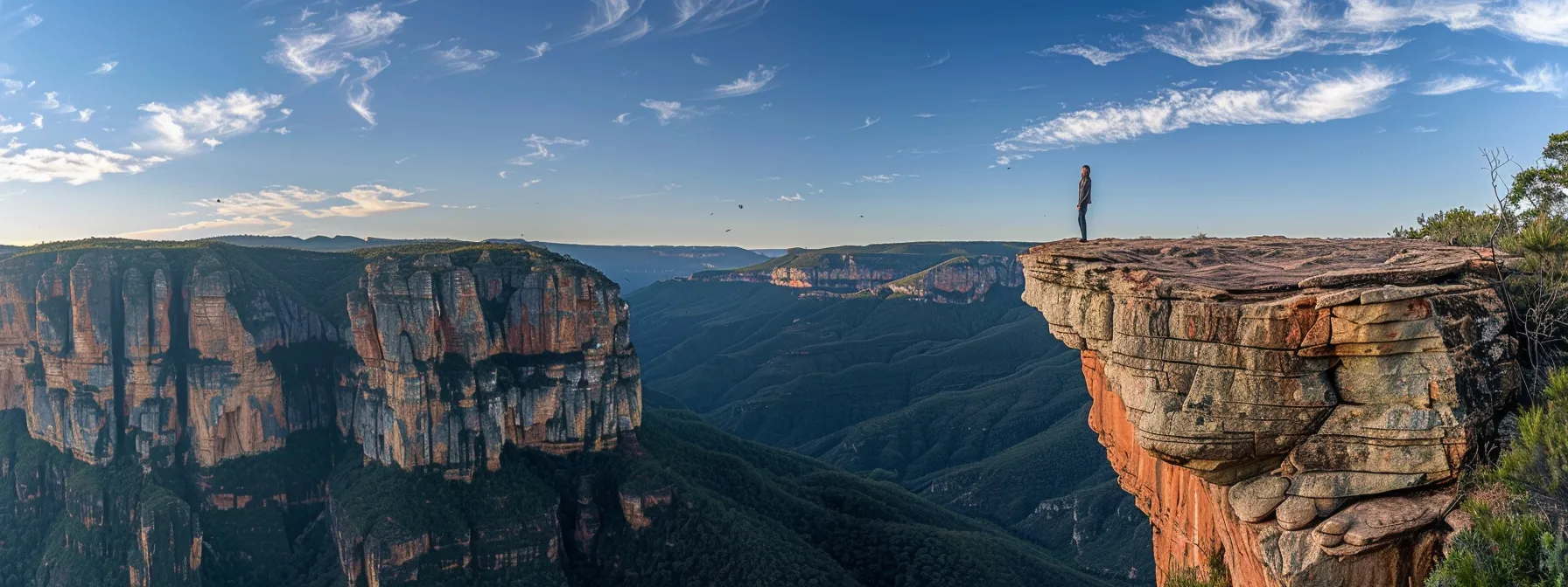 a person standing confidently at the edge of a cliff, looking out fearlessly towards the vast horizon.