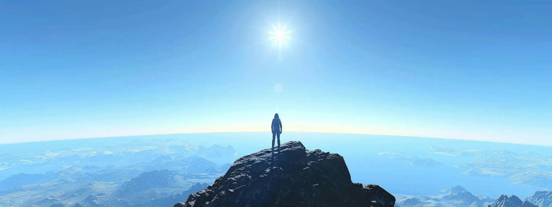 a person standing confidently on a mountain peak, gazing at a clear horizon, symbolizing overcoming limiting beliefs and achieving success.