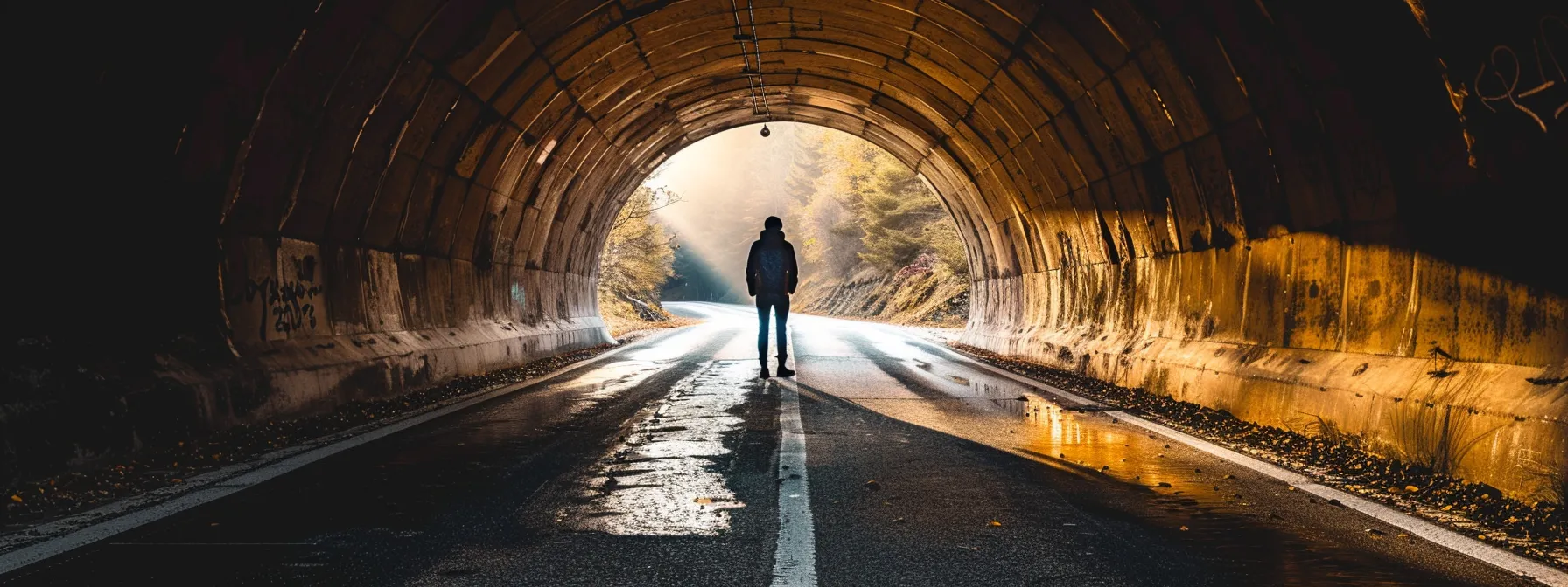 a person standing in a dark tunnel with a faint light at the end, symbolizing the journey of uncovering personal limiting beliefs to break free and enhance leadership capacity.